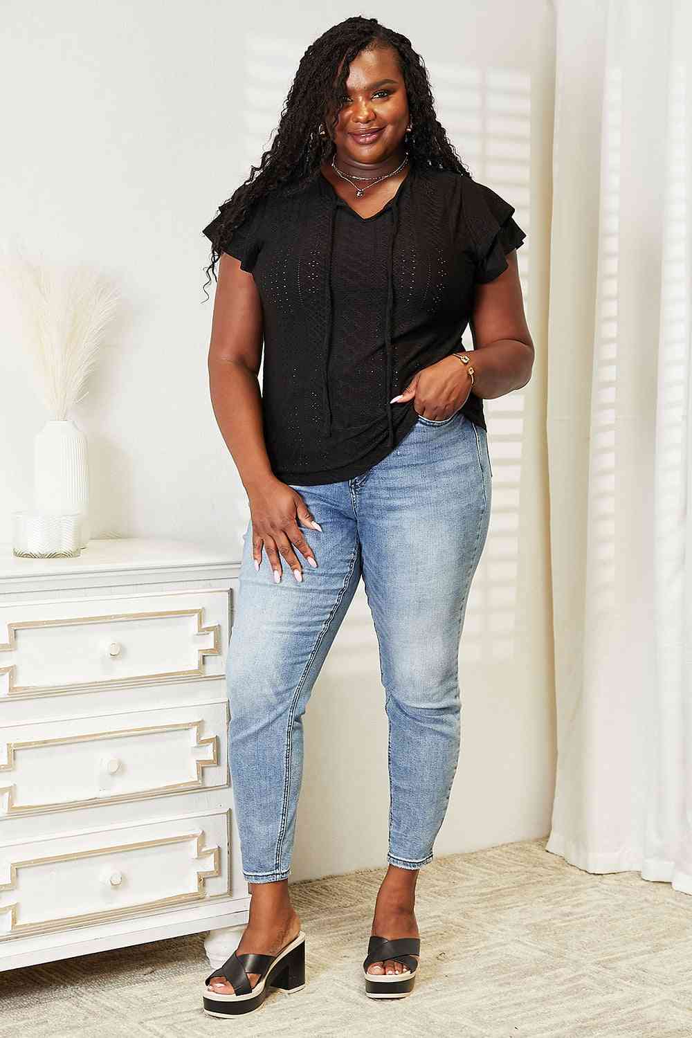 Double Take Eyelet Tie-Neck Flutter Sleeve Blouse - AllIn Computer
