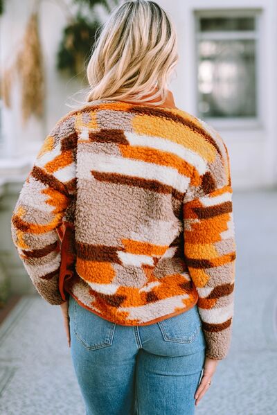 Fuzzy Contrast Snap Down Long Sleeve Jacket - AllIn Computer