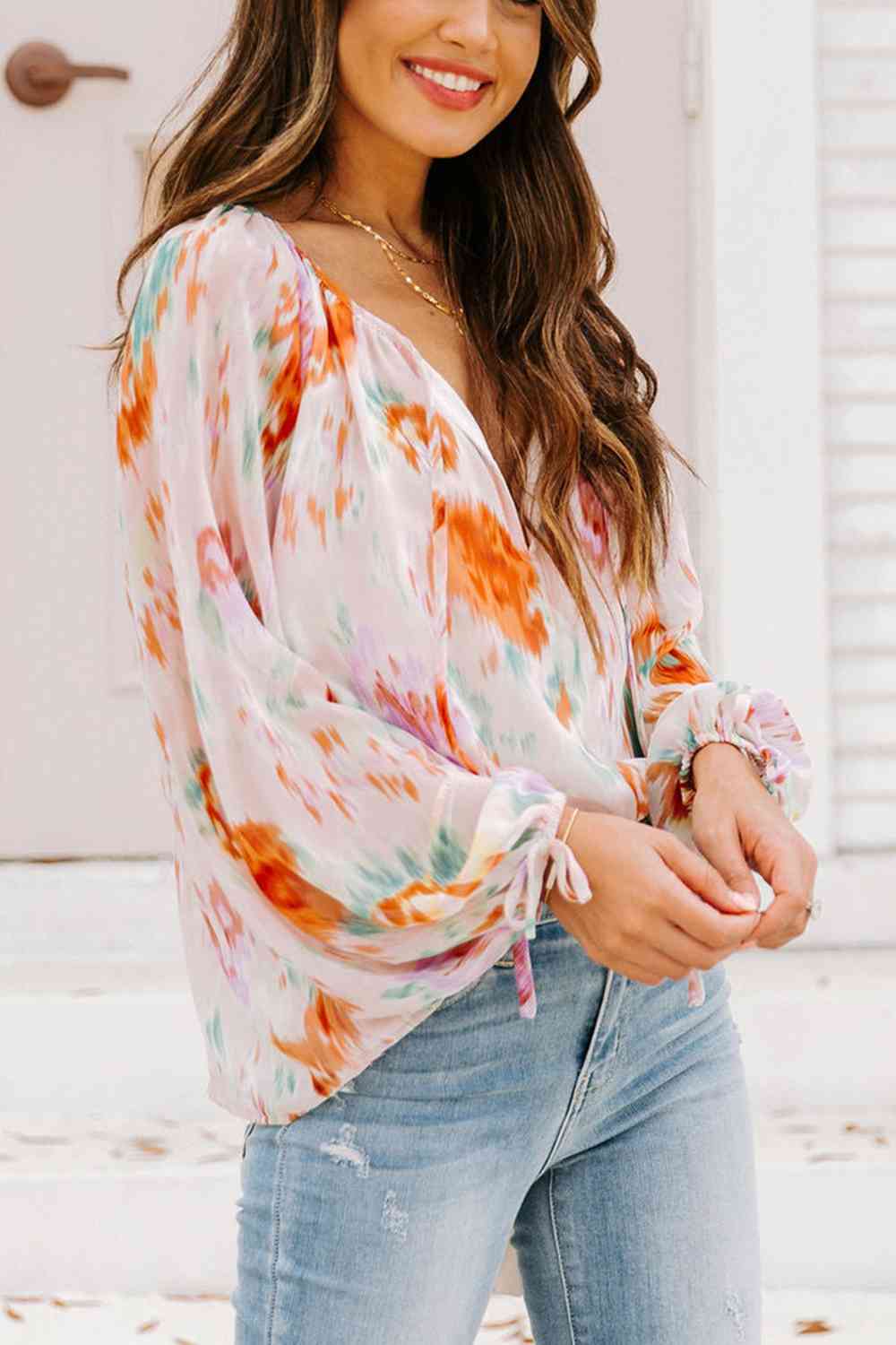 Printed Tie Neck Long Sleeve Blouse - AllIn Computer