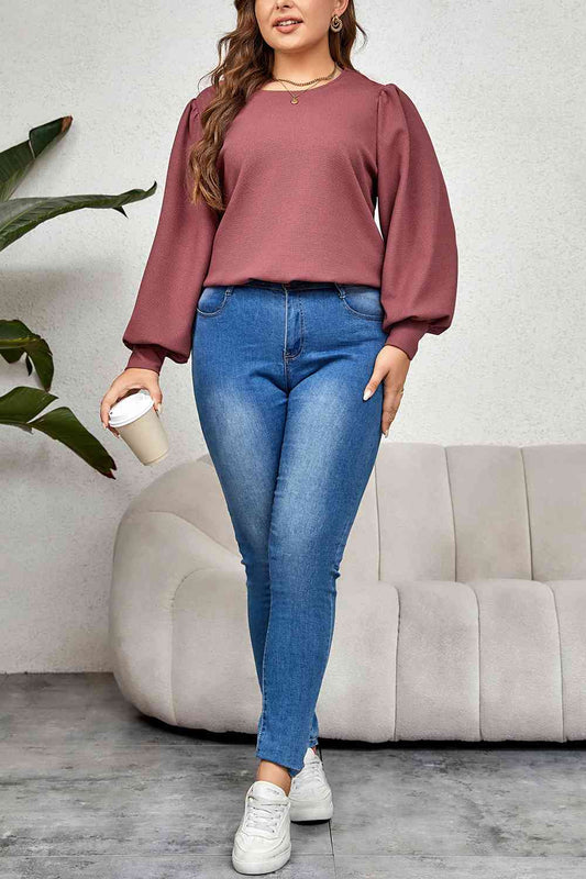 Plus Size Round Neck Puff Sleeve Top - AllIn Computer