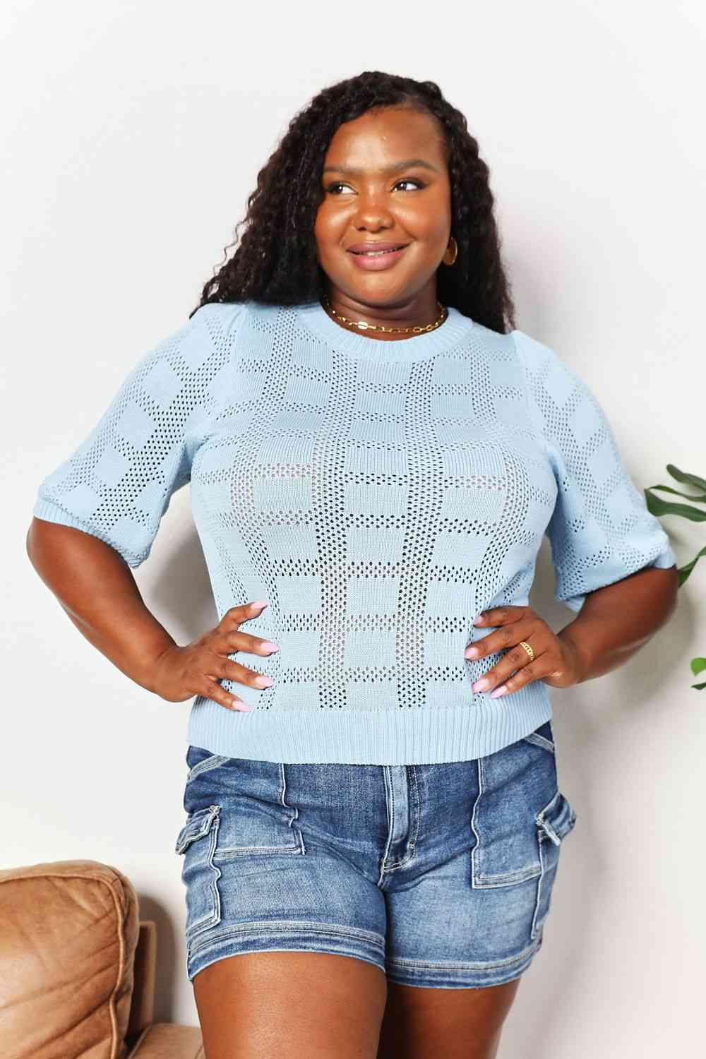 Double Take Ribbed Trim Round Neck Knit Top - AllIn Computer
