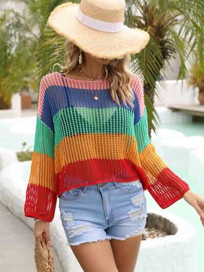 Color Block Openwork Boat Neck Cover Up - AllIn Computer