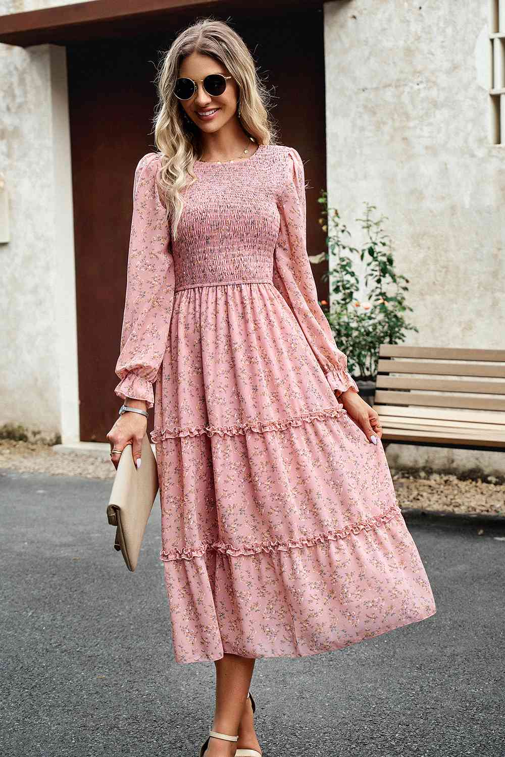 Smocked Flounce Sleeve Midi Dress - AllIn Computer