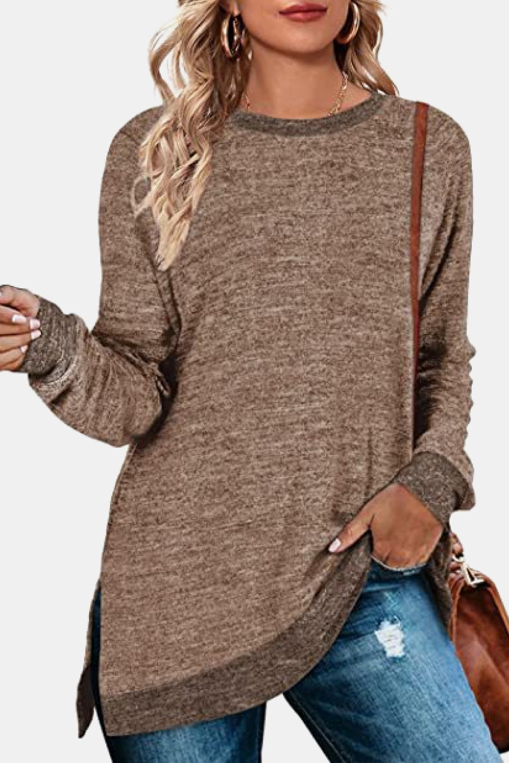 Round Neck Long Sleeve Slit T-Shirt - AllIn Computer