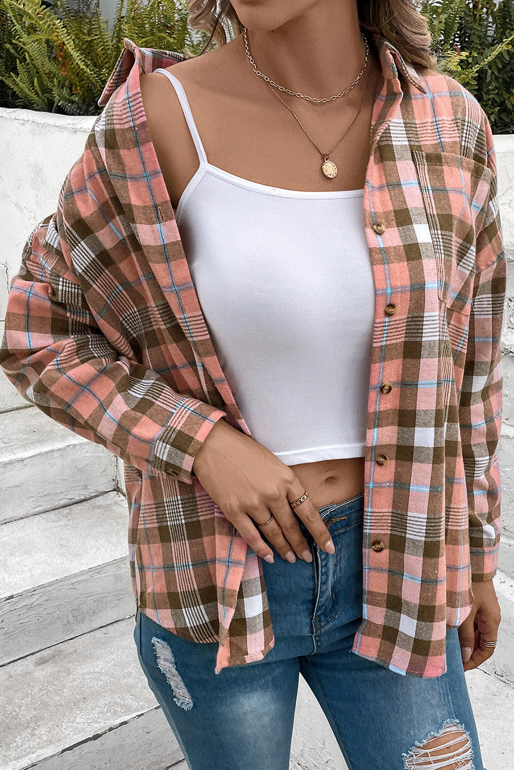 Plaid Collared Neck Long Sleeve Button-Up Shirt - AllIn Computer