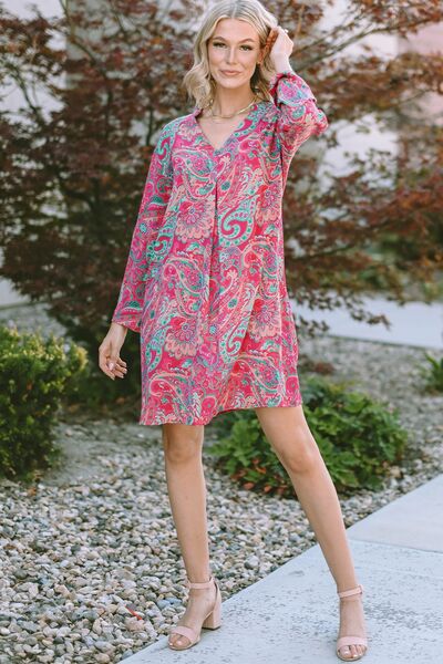 Printed V-Neck Long Sleeve Mini Dress - AllIn Computer