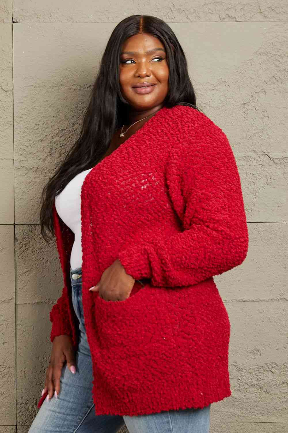 Zenana Falling For You Full Size Open Front Popcorn Cardigan - AllIn Computer