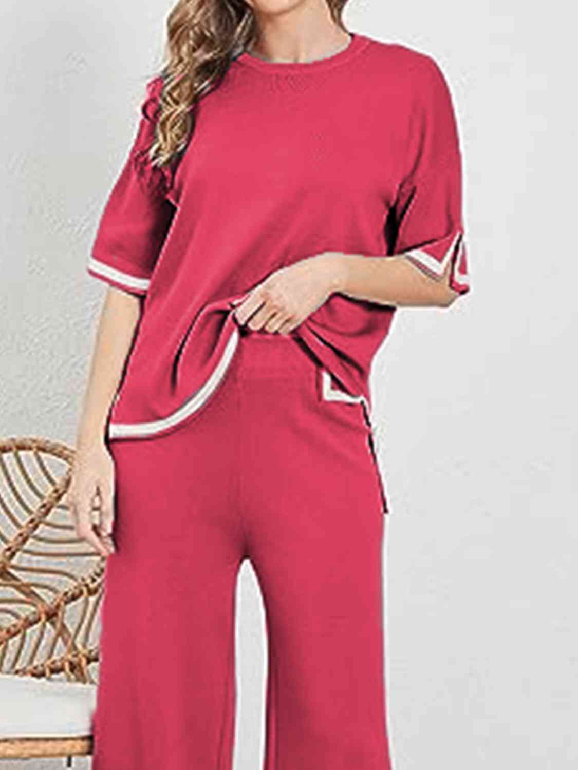 Contrast High-Low Sweater and Knit Pants Set - AllIn Computer