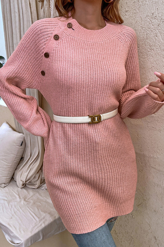 Round Neck Button Detail Ribbed Sweater - AllIn Computer