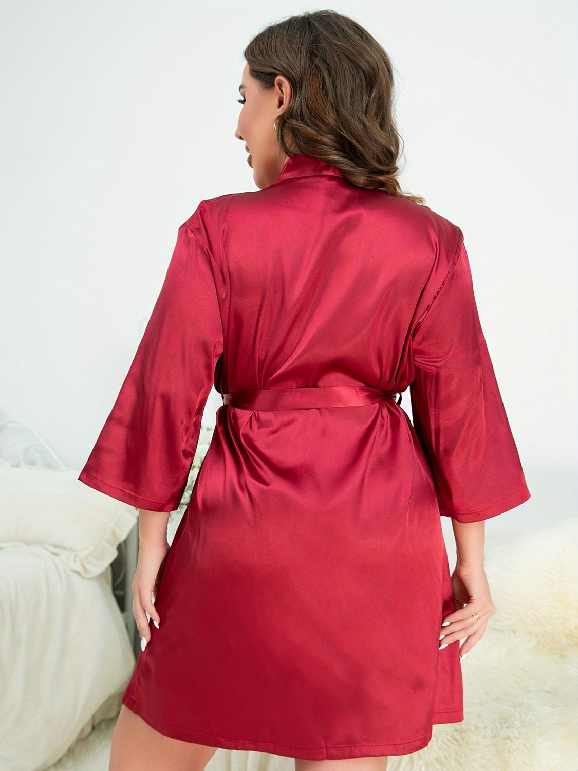 Plus Size Surplice Neck Tie Waist Robe - AllIn Computer