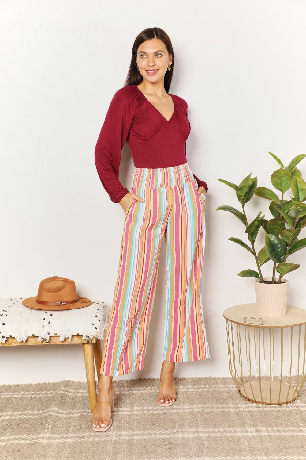 Double Take Striped Smocked Waist Pants with Pockets - AllIn Computer