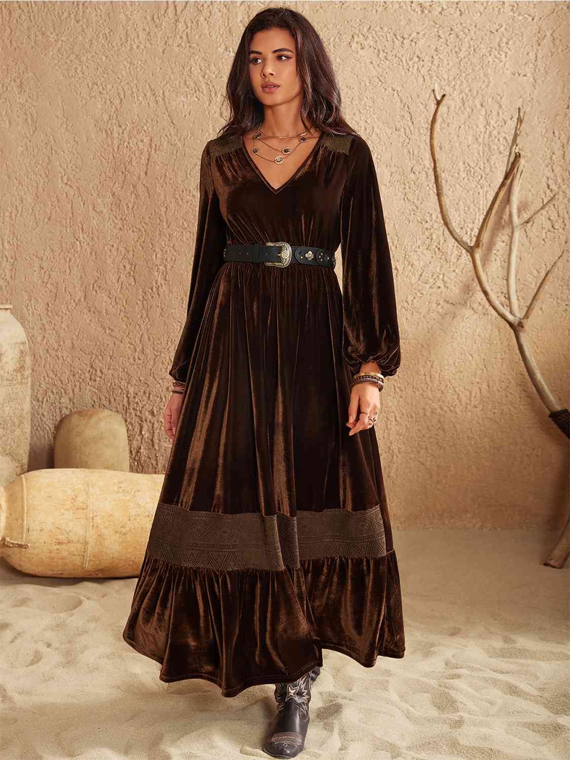Ruffled V-Neck Long Sleeve Dress - AllIn Computer