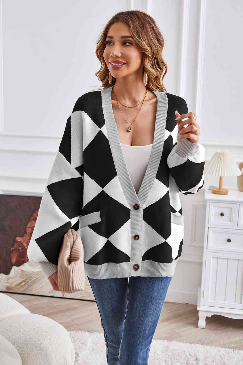 Geometric Lantern Sleeve Cardigan with Pockets - AllIn Computer