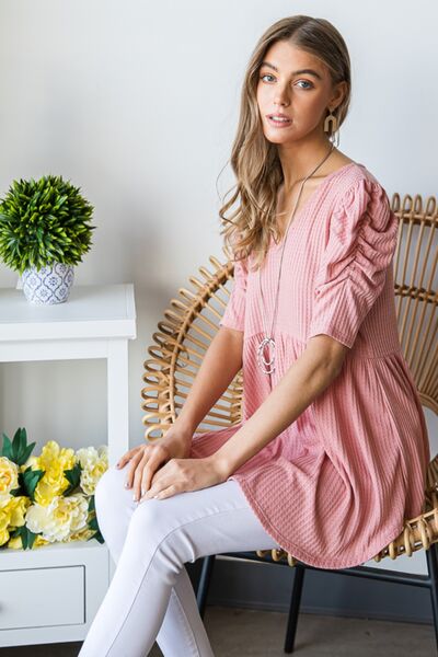 Heimish Full Size Waffle Knit V-Neck Babydoll Top - AllIn Computer