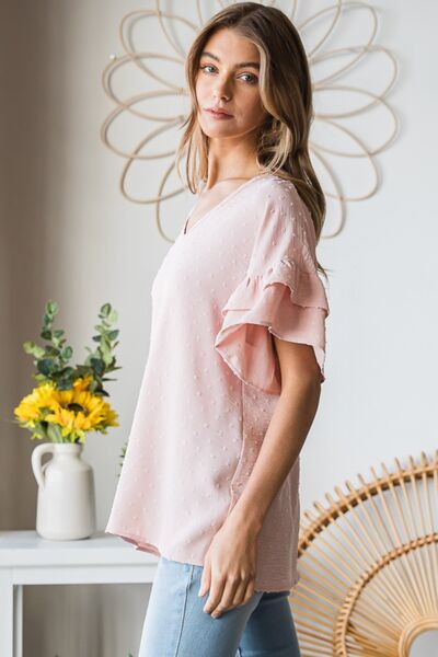 Heimish Full Size Swiss Dot Ruffle Short Sleeve Top - AllIn Computer
