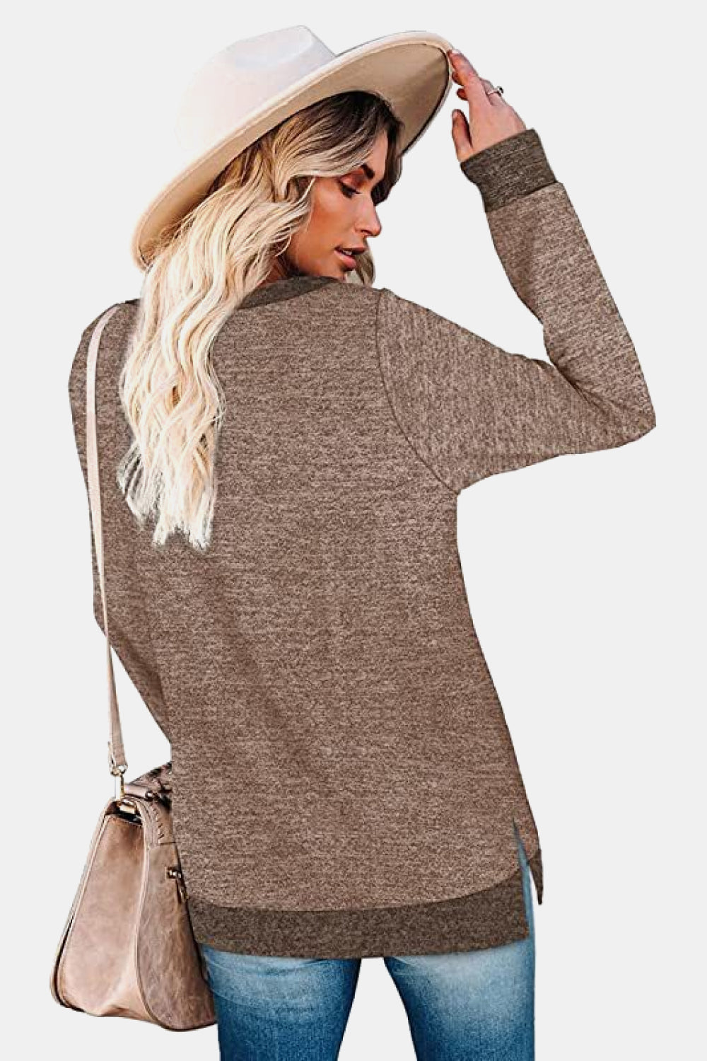 Round Neck Long Sleeve Slit T-Shirt - AllIn Computer