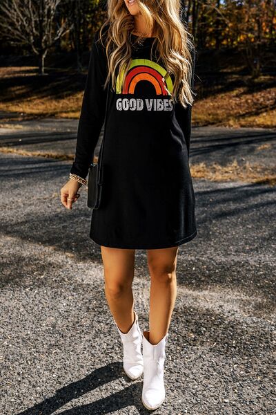GOOD VIBES Round Neck Long Sleeve Dress - AllIn Computer