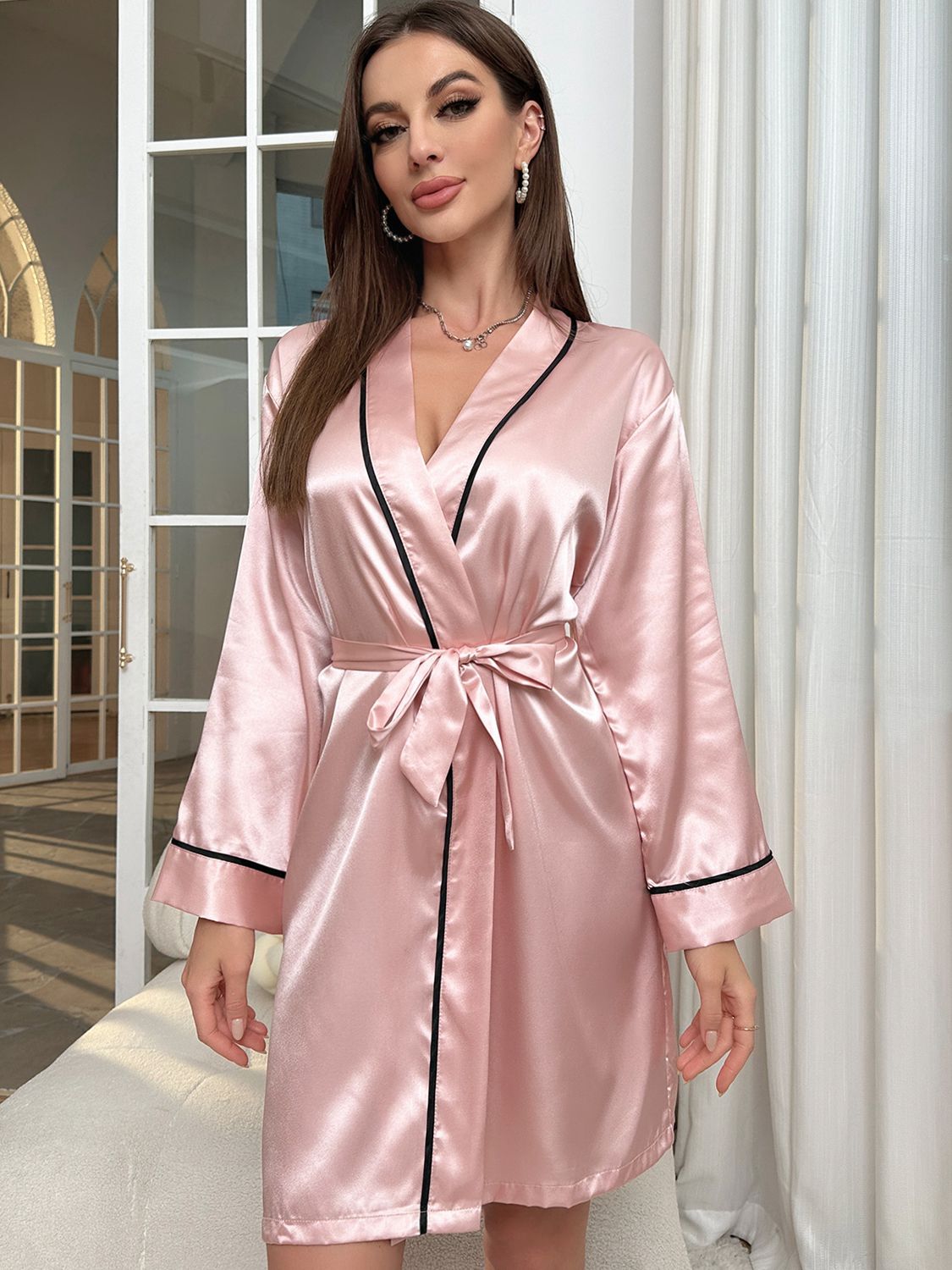 Tie Waist Surplice Neck Robe - AllIn Computer