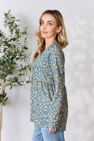 Heimish Full Size Floral Half Button Long Sleeve Blouse - AllIn Computer