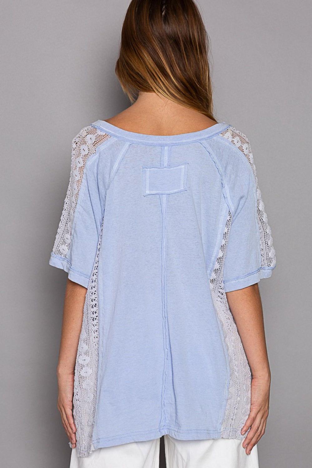 POL Short Sleeve Lace Crochet Panel Top - AllIn Computer