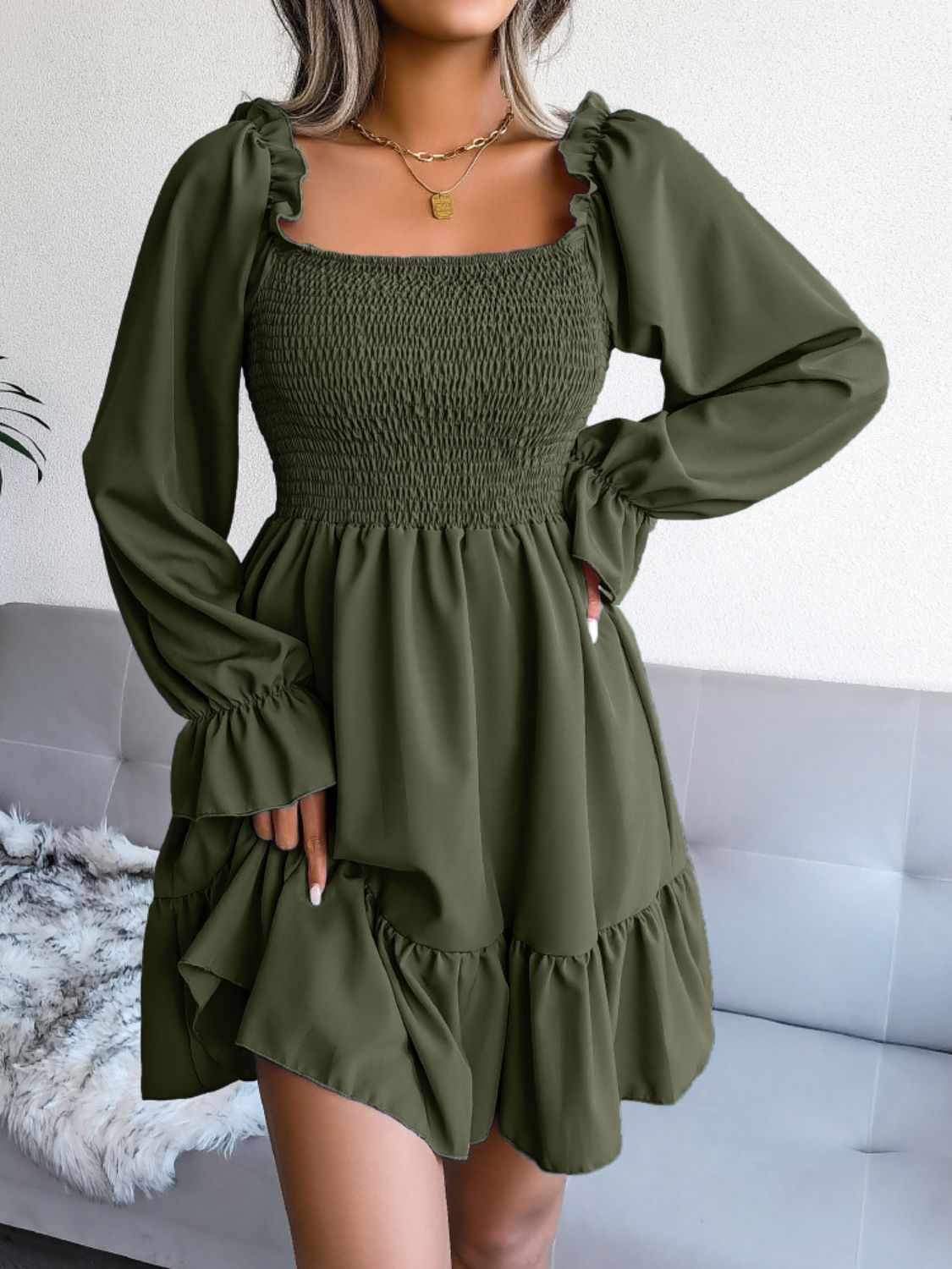 Smocked Flounce Sleeve Square Neck Dress - AllIn Computer