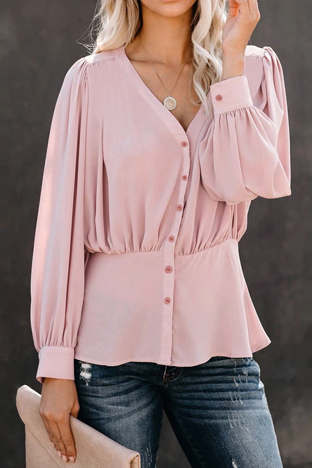 Buttoned Puff Sleeve Blouse - AllIn Computer