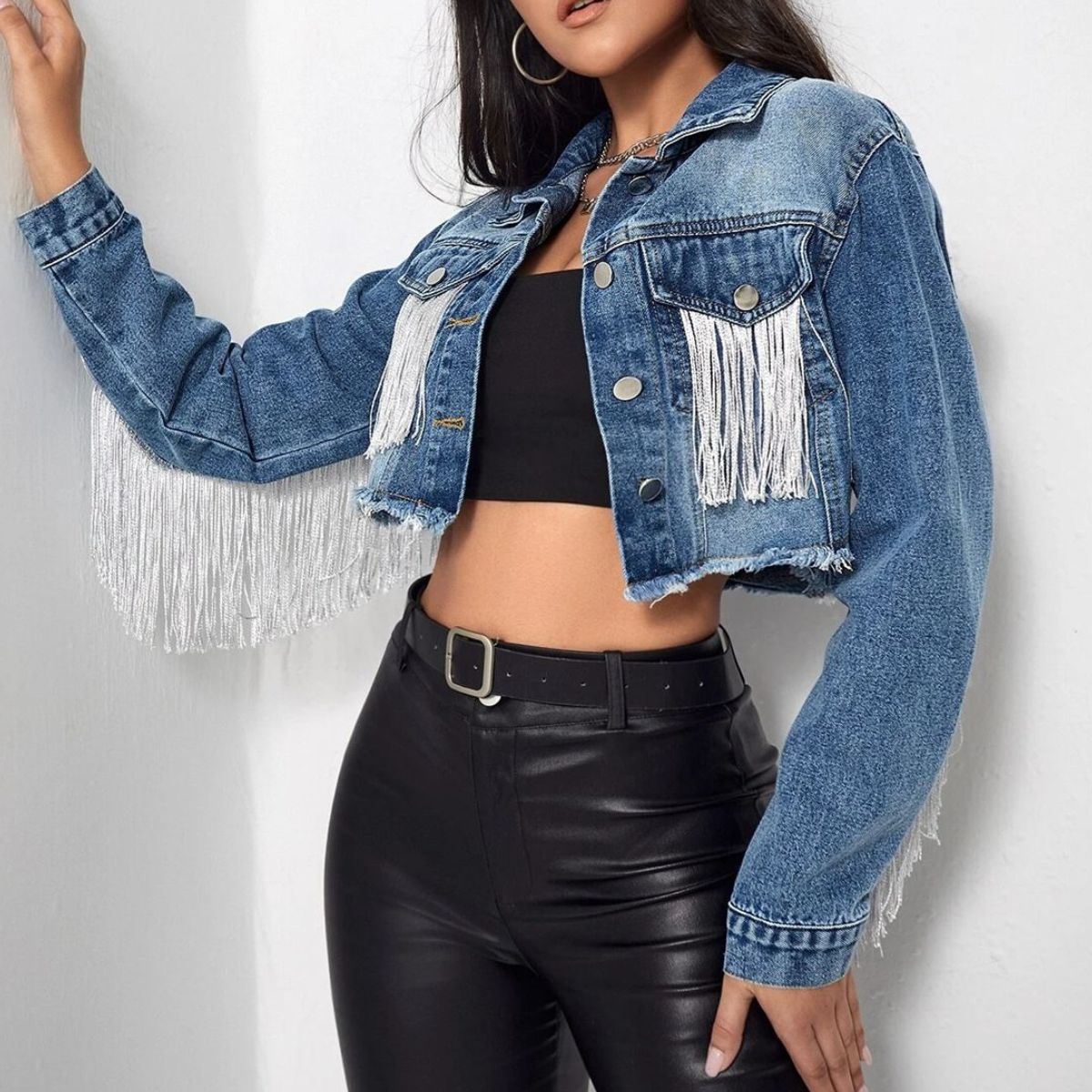 Fringe Detail Long Sleeve Cropped Denim Jacket - AllIn Computer