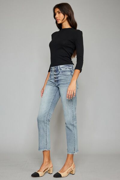 Kancan High Waist Button Fly Raw Hem Cropped Straight Jeans - AllIn Computer
