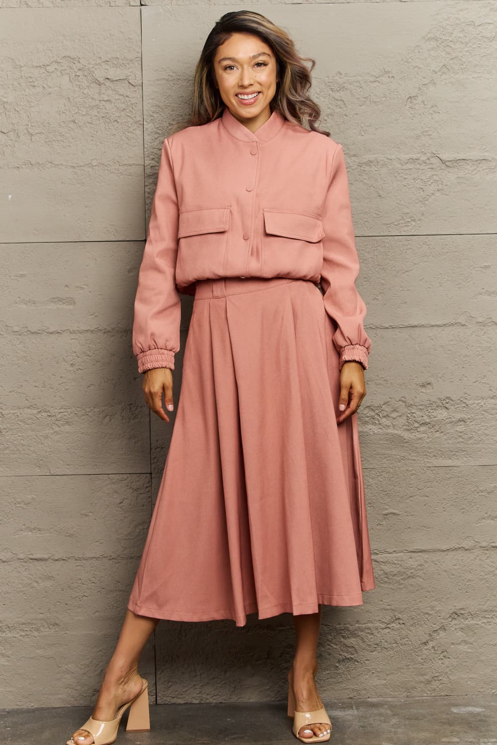 Long Sleeve Jacket and Midi Skirt Set - AllIn Computer