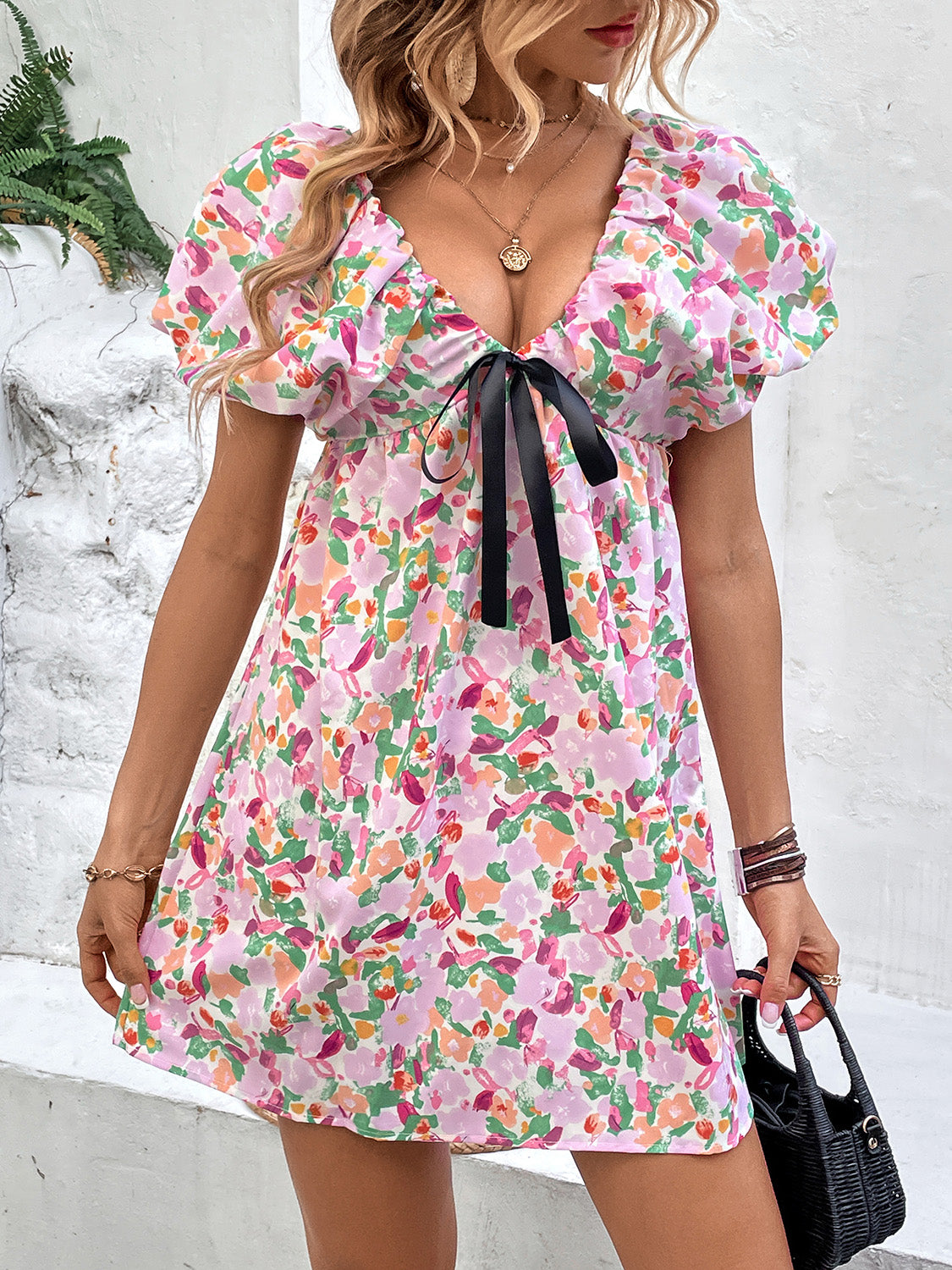 Printed V-Neck Puff Sleeve Mini Dress - AllIn Computer