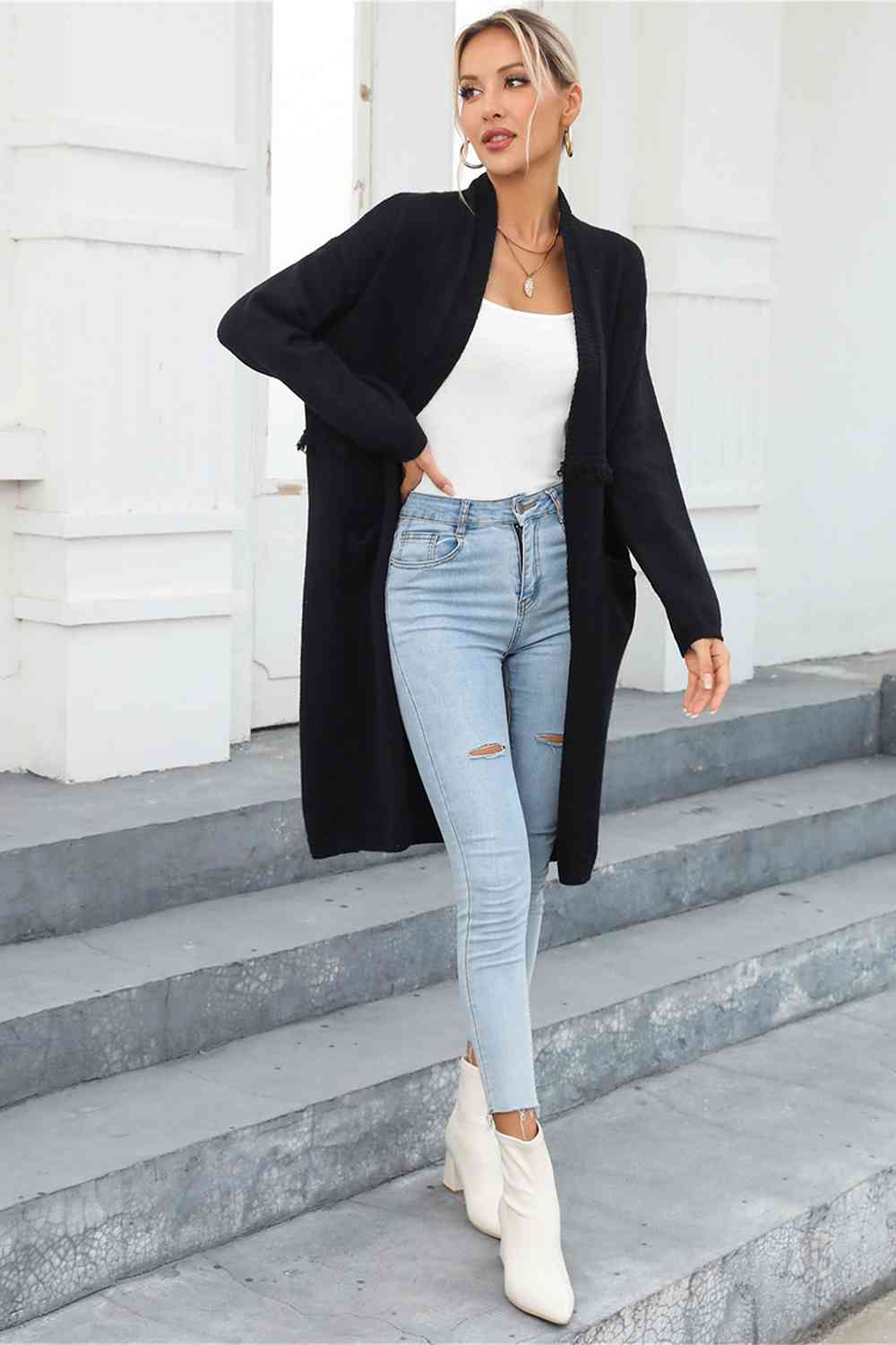 Open Front Pocketed Cardigan - AllIn Computer