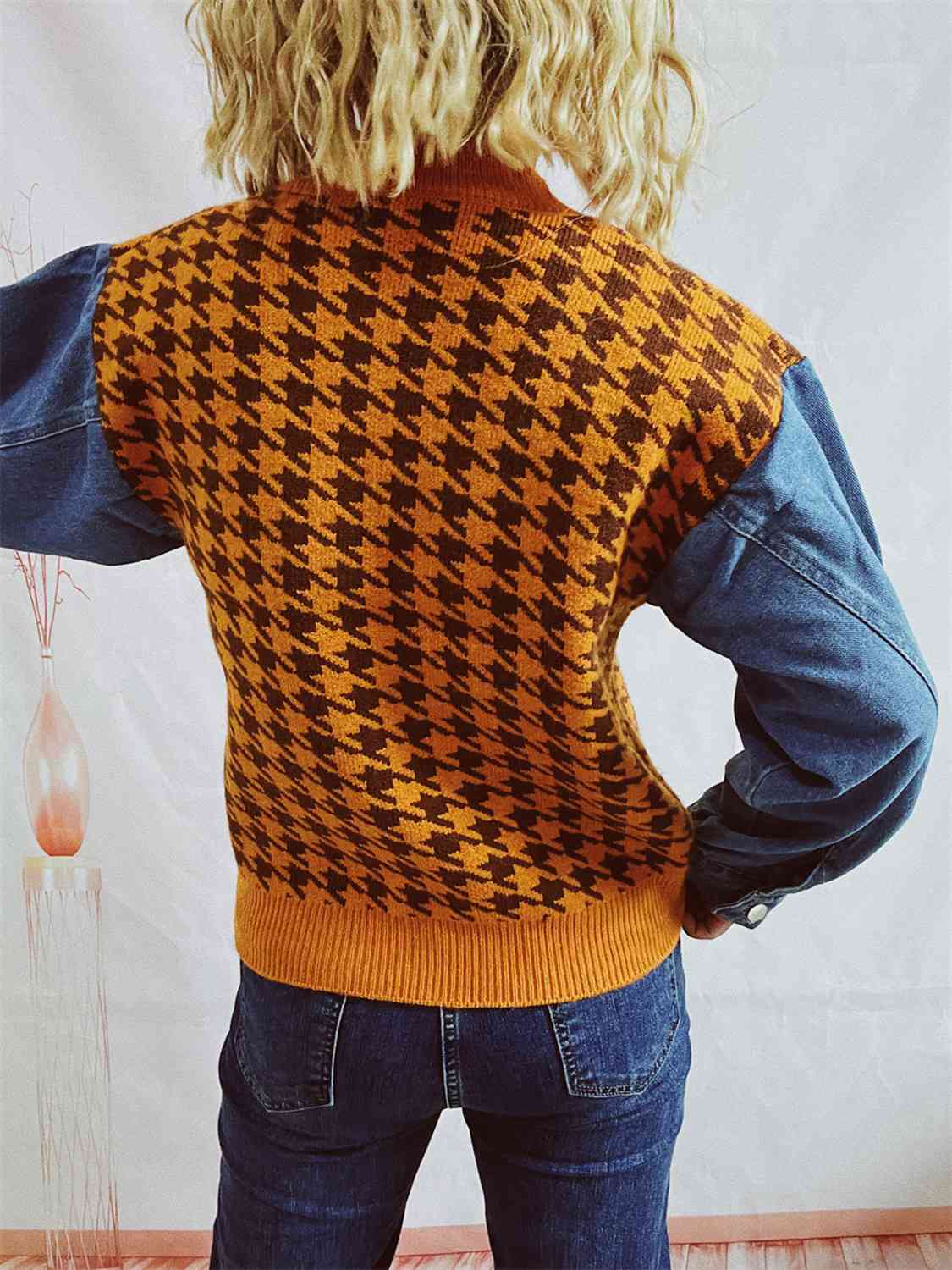Houndstooth Denim Sleeve Sweater - AllIn Computer