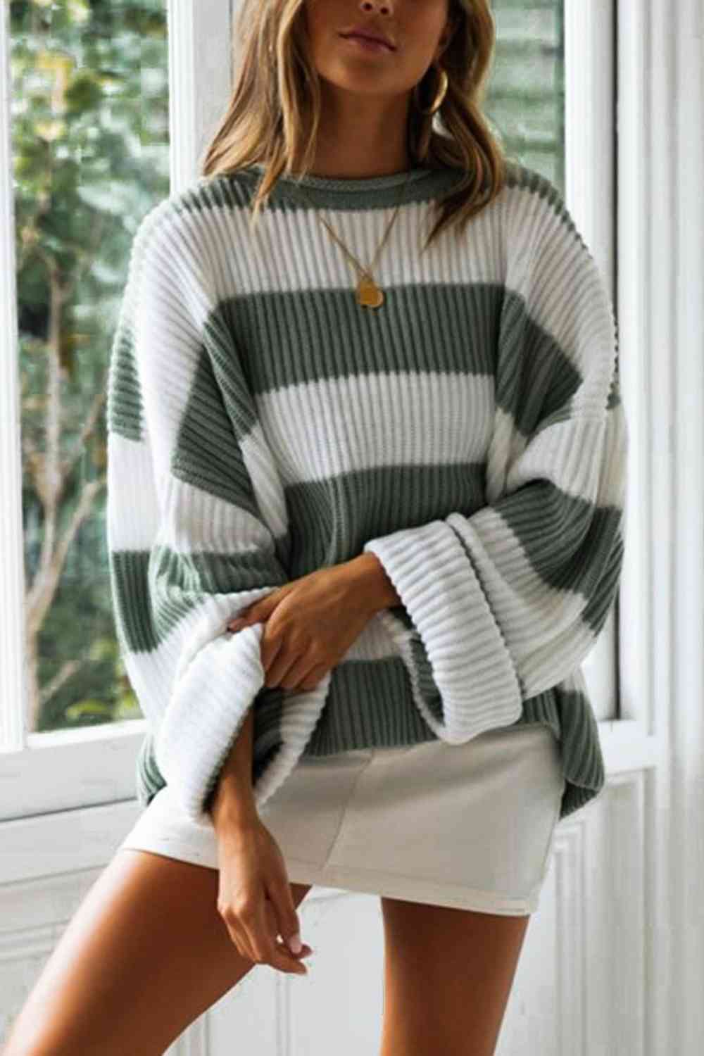 Striped Round Neck Long Sleeve Sweater - AllIn Computer