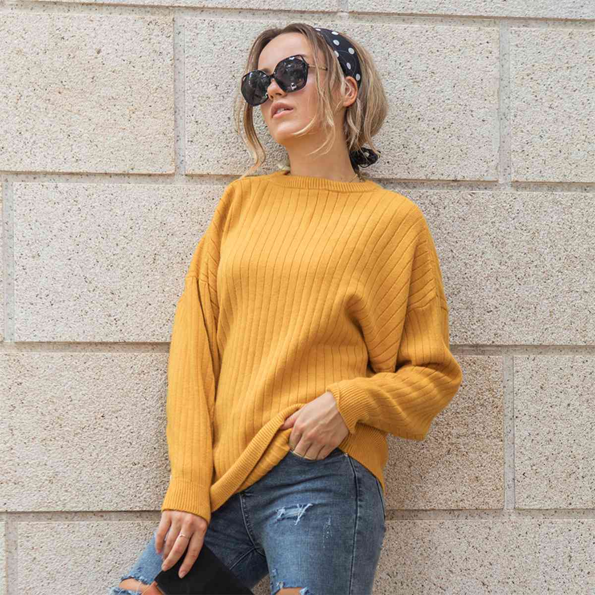 Round Neck Dropped Shoulder Sweater - AllIn Computer