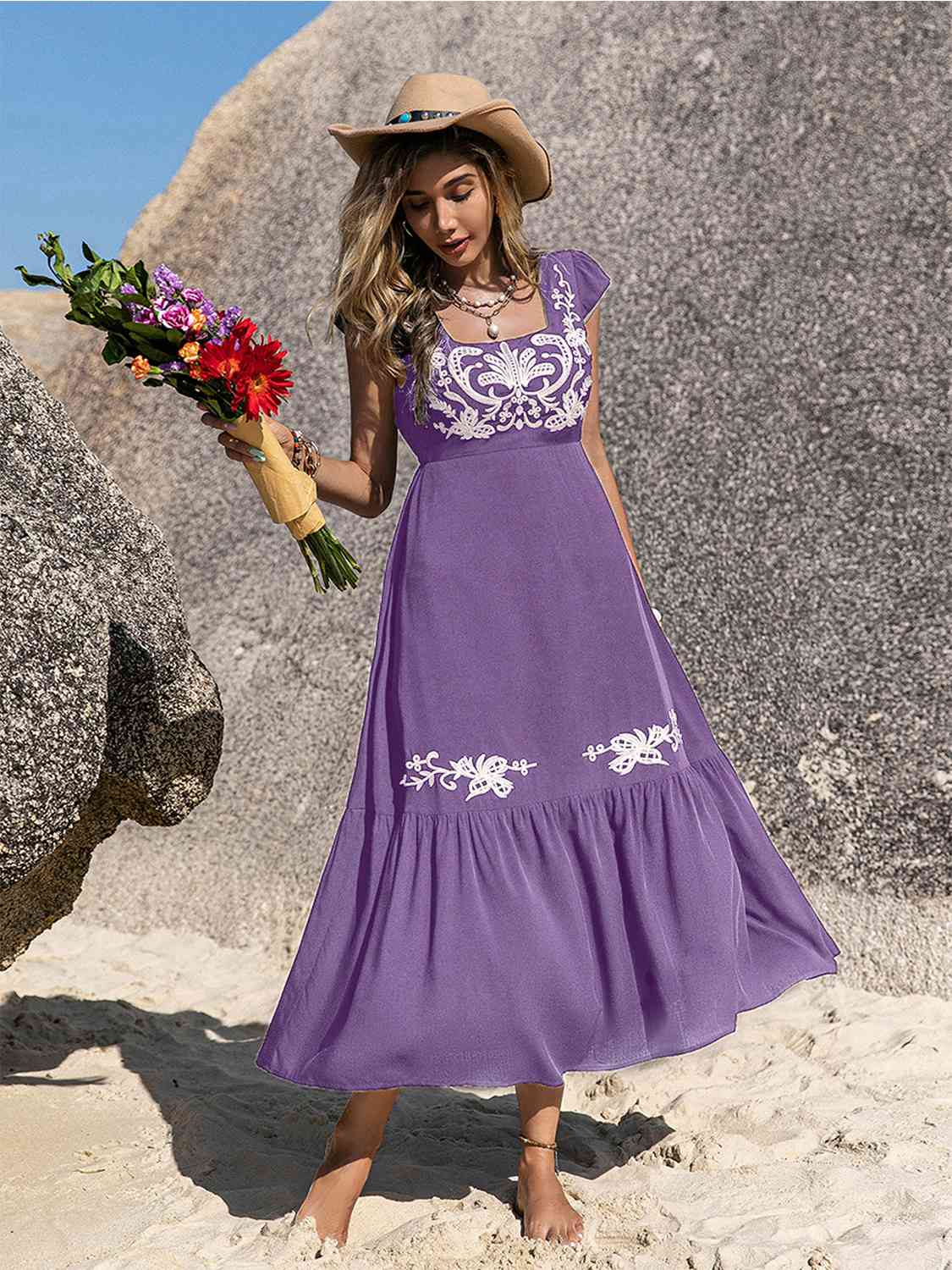 Embroidered Square Neck Ruffle Hem Dress - AllIn Computer