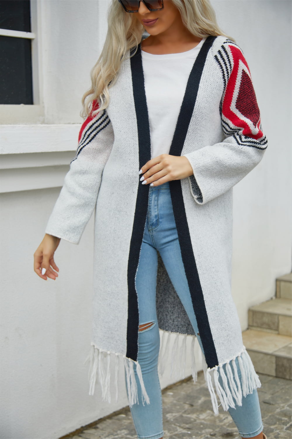 Double Take Geometric Fringe Hem Open Front Duster Cardigan - AllIn Computer