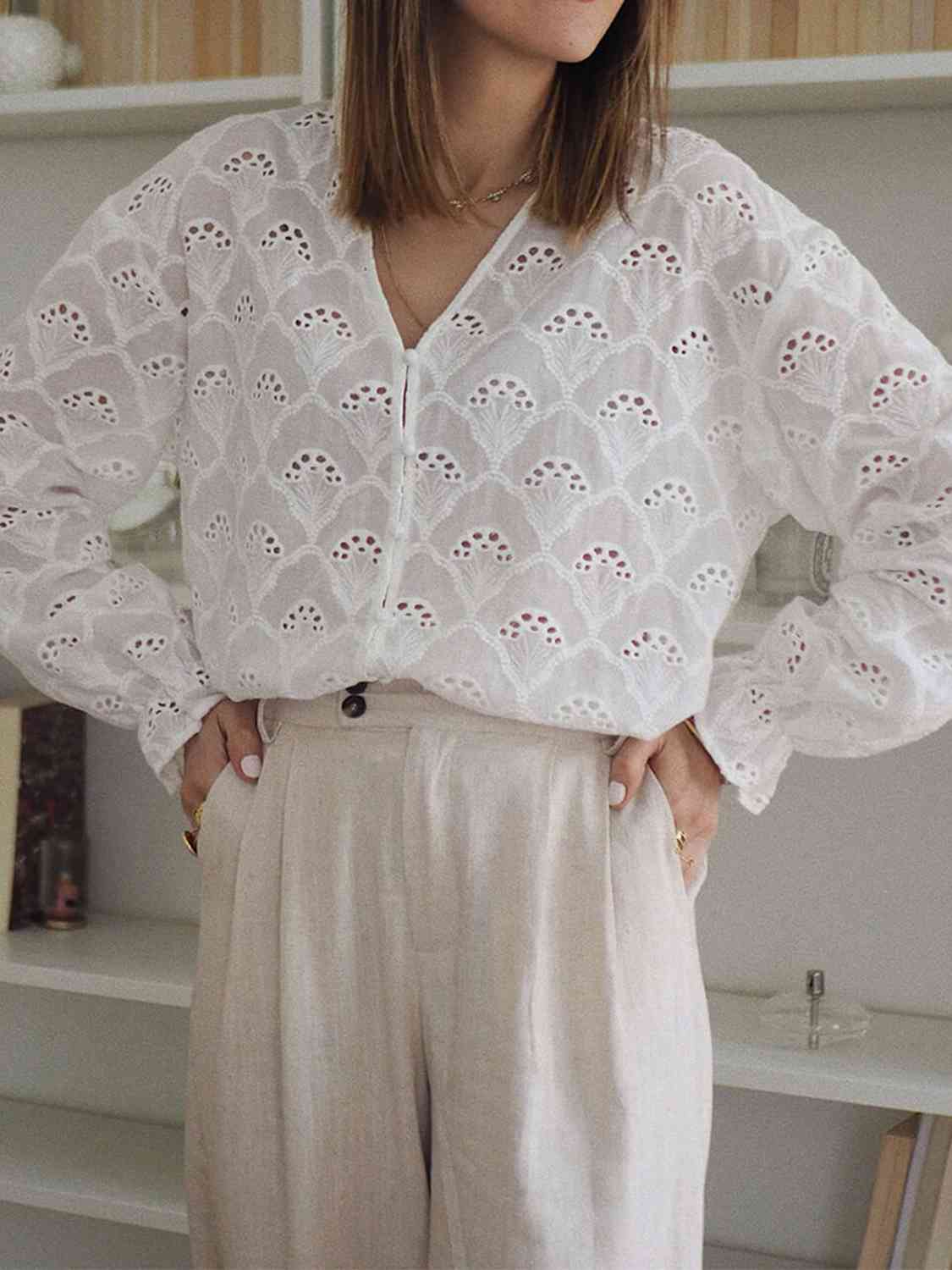 Eyelet Notched Neck Flounce Sleeve Blouse - AllIn Computer