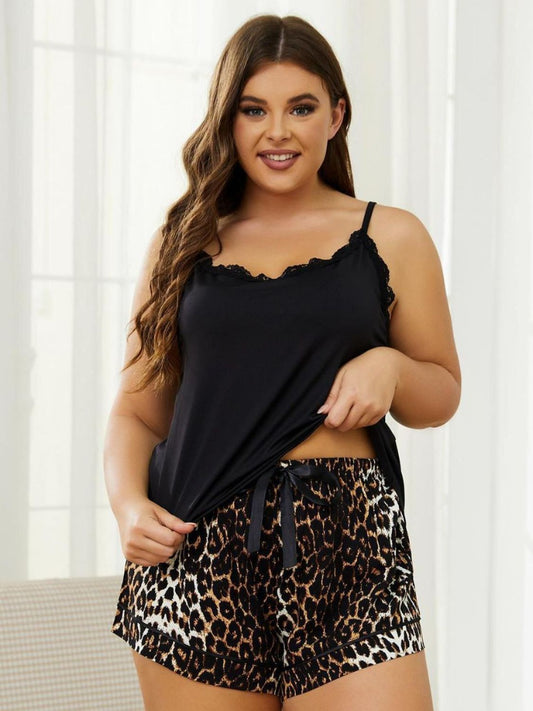 Plus Size Lace Trim Scoop Neck Cami and Printed Shorts Pajama Set - AllIn Computer