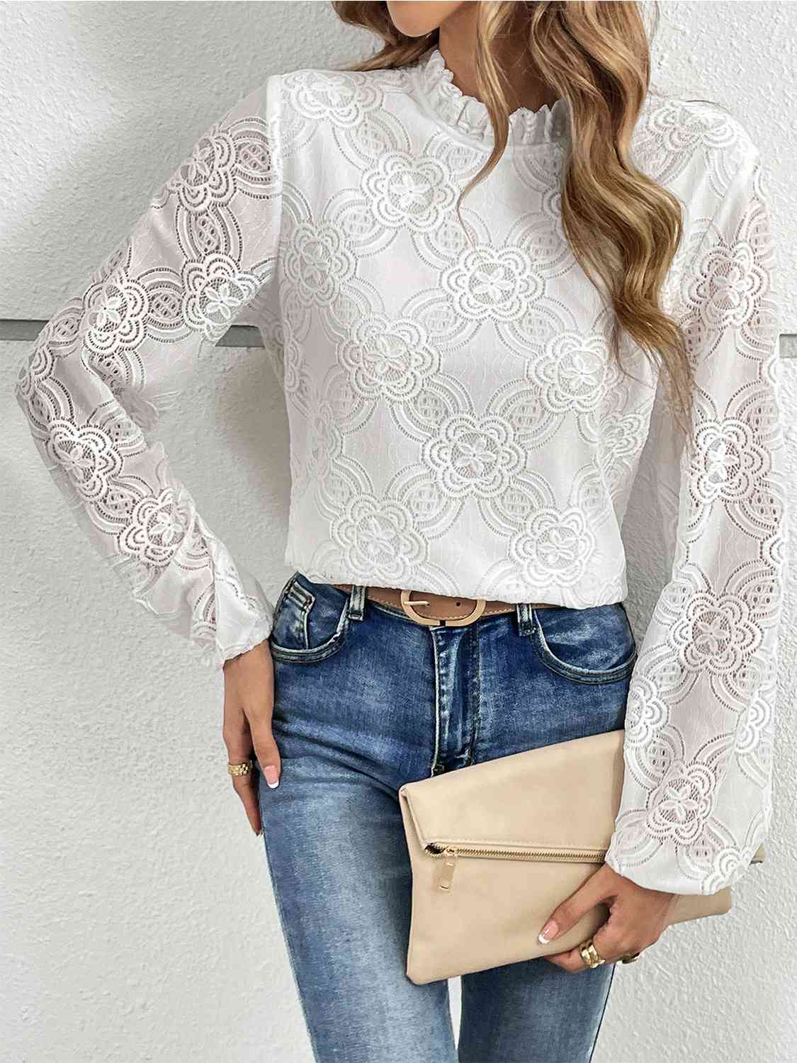 Eyelet Round Neck Long Sleeve Blouse - AllIn Computer