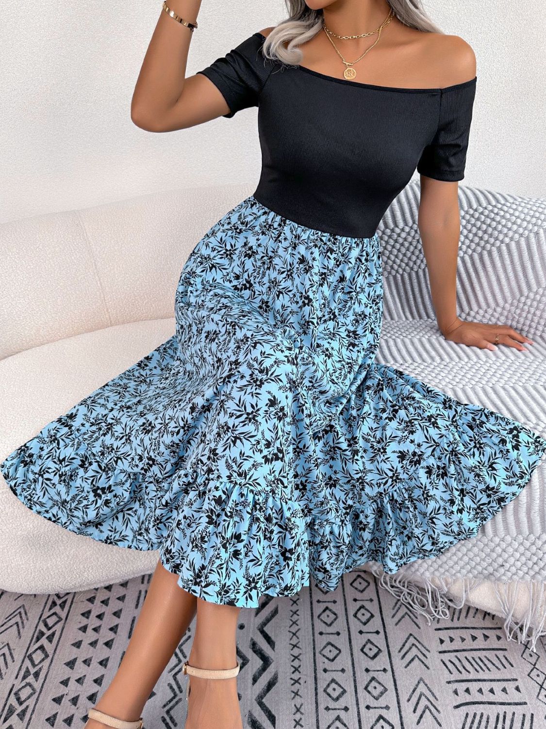 Printed Off-Shoulder Ruffle Hem Dress - AllIn Computer