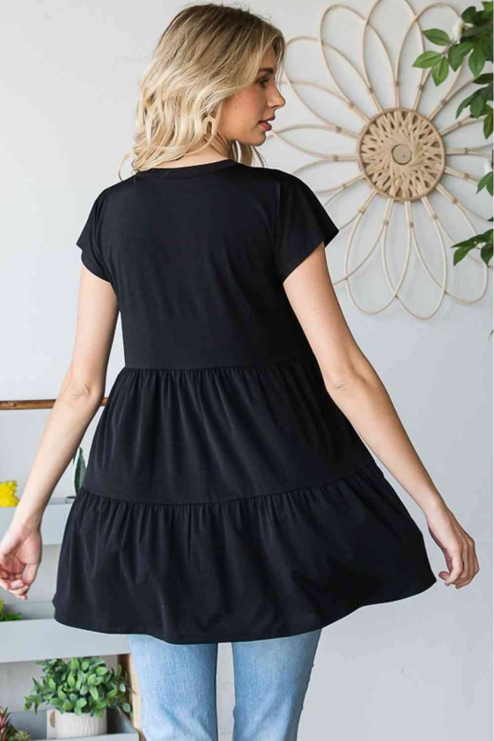 Heimish Full Size Buttoned V-Neck Tiered Top - AllIn Computer