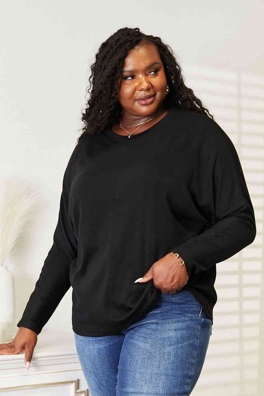 Double Take Seam Detail Round Neck Long Sleeve Top - AllIn Computer