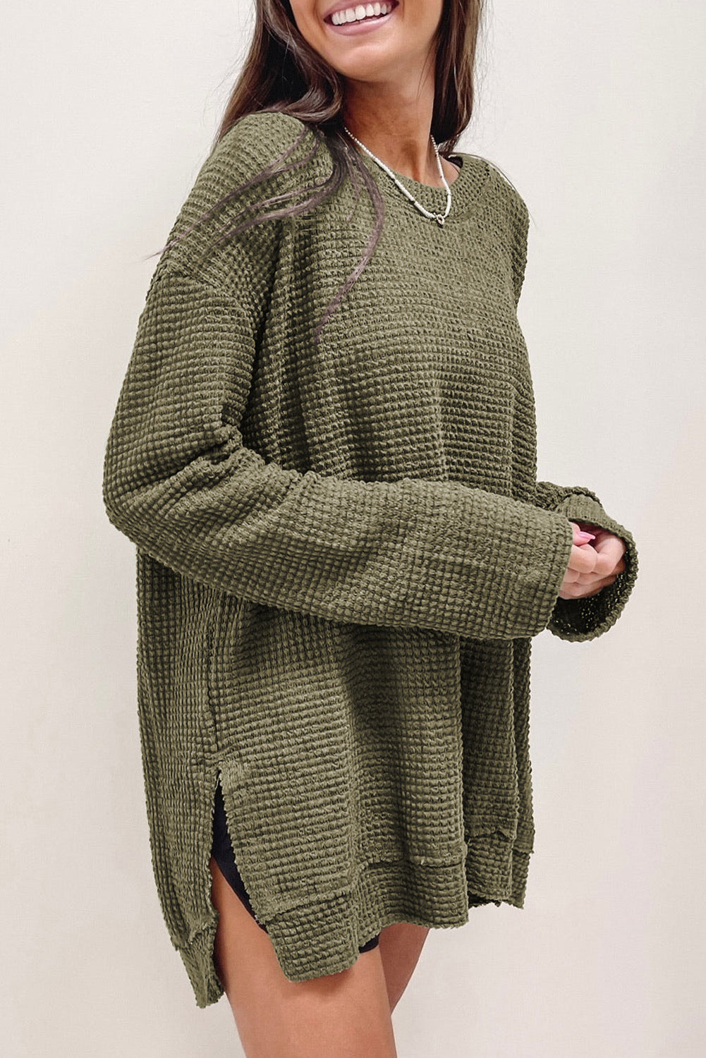 Waffle-Knit Round Neck Long Sleeve Sweatshirt - AllIn Computer