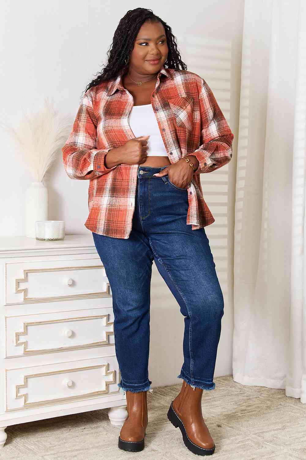 Double Take Plaid Collared Neck Long Sleeve Shirt - AllIn Computer
