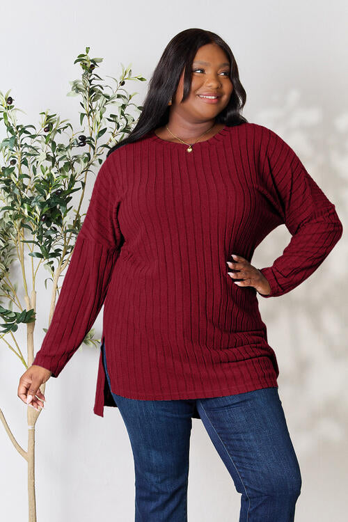 Basic Bae Full Size Ribbed Round Neck Long Sleeve Slit Top - AllIn Computer