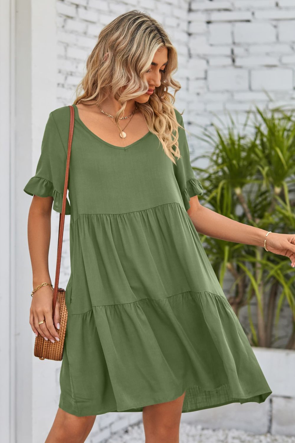 V-Neck Flounce Sleeve Tiered Dress - AllIn Computer