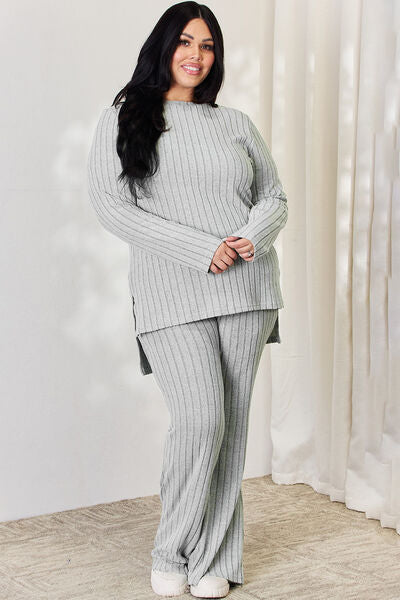 Basic Bae Full Size Ribbed High-Low Top and Wide Leg Pants Set - AllIn Computer