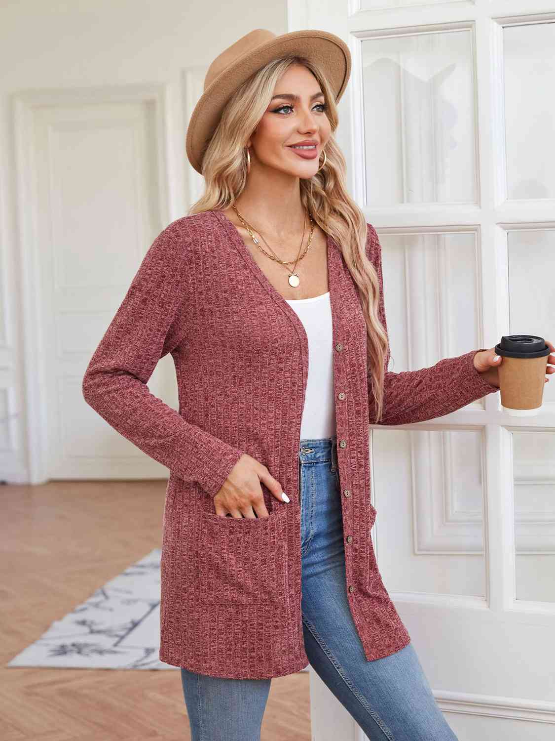 Ribbed Button Up Cardigan with Pockets - AllIn Computer