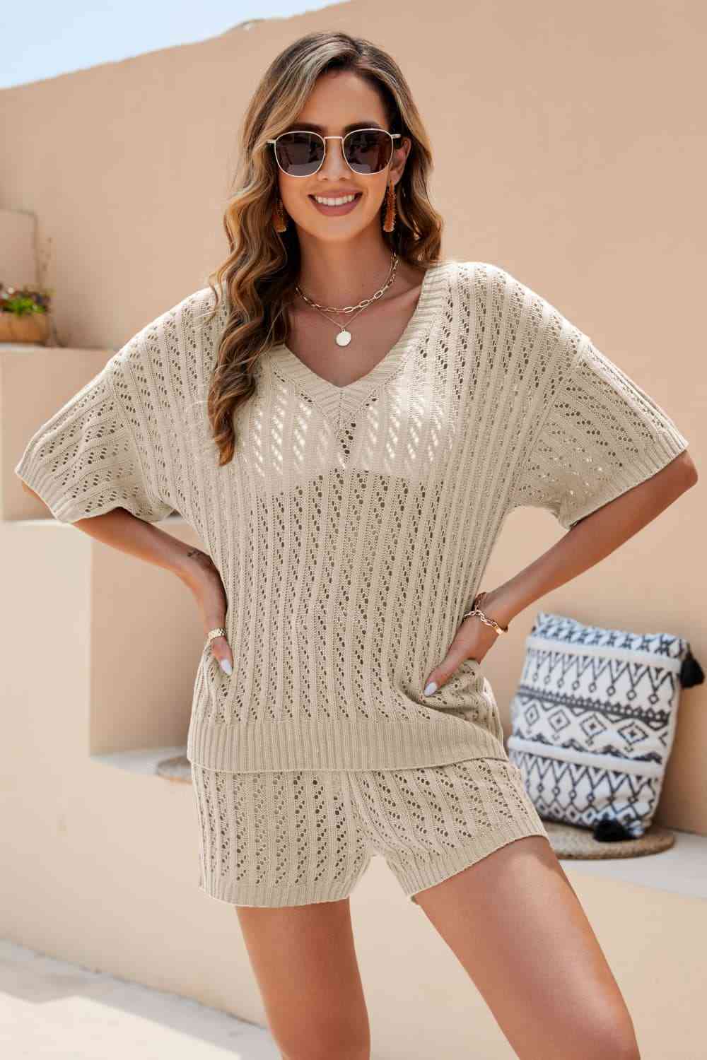 Openwork V-Neck Top and Shorts Set - AllIn Computer