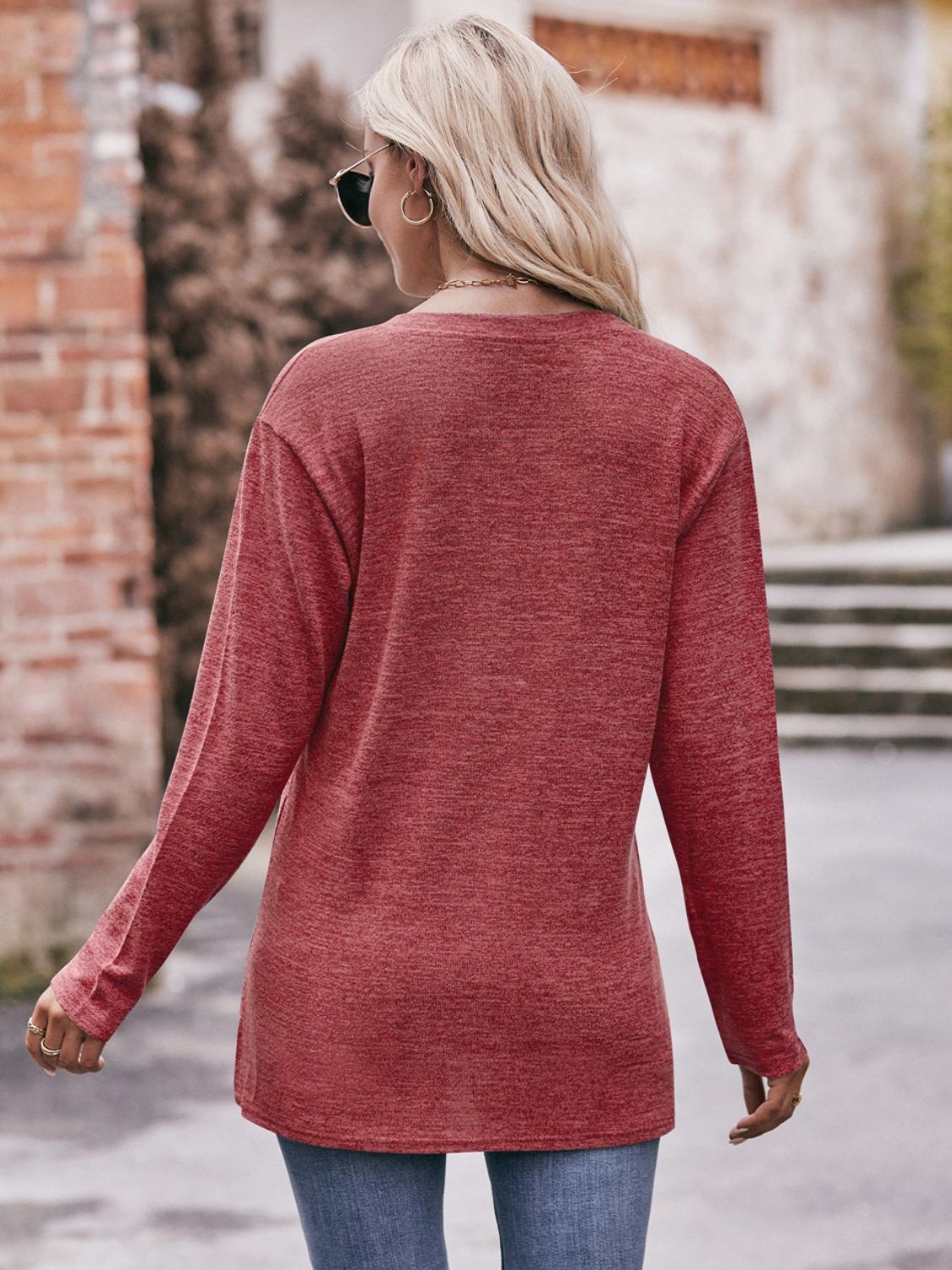 Double Take Buttoned Notched Neck Long Sleeve Top - AllIn Computer